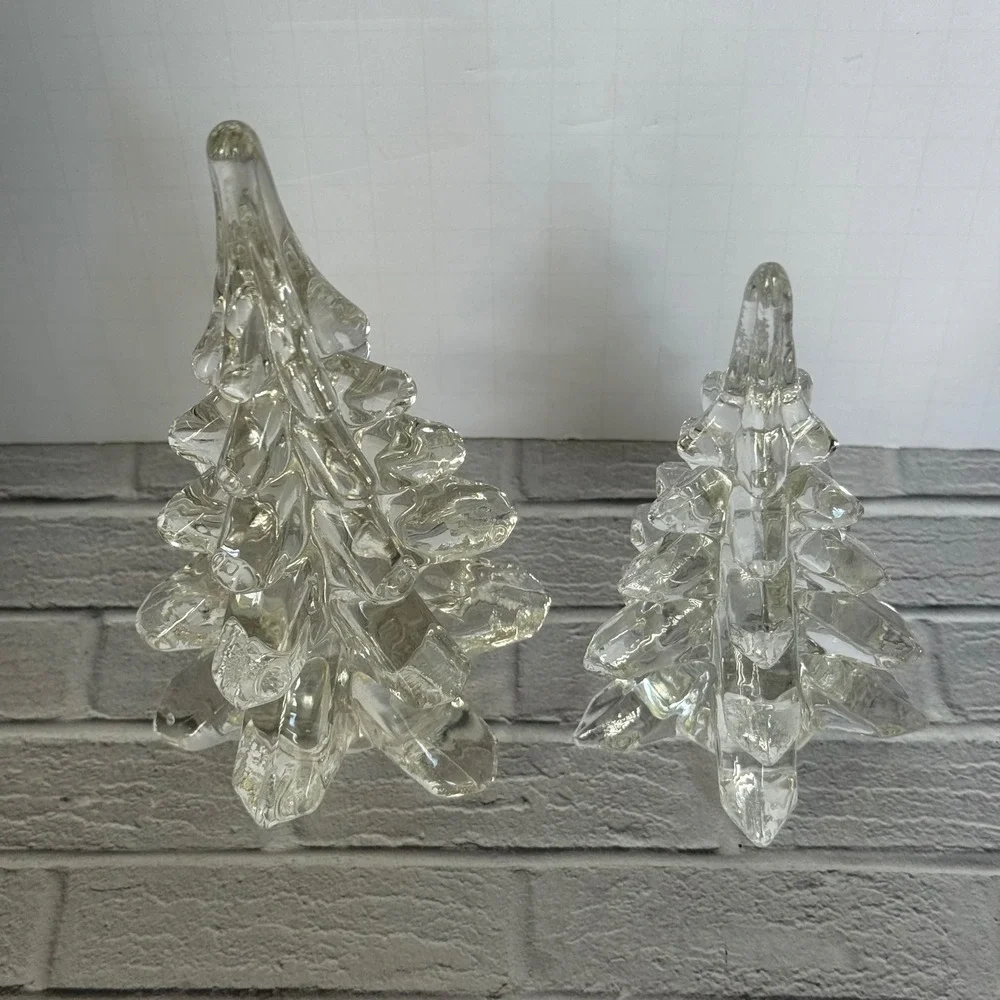 Vtg Clear Art Glass Christmas Tree Figurines Set of 2 Hand Blown 6